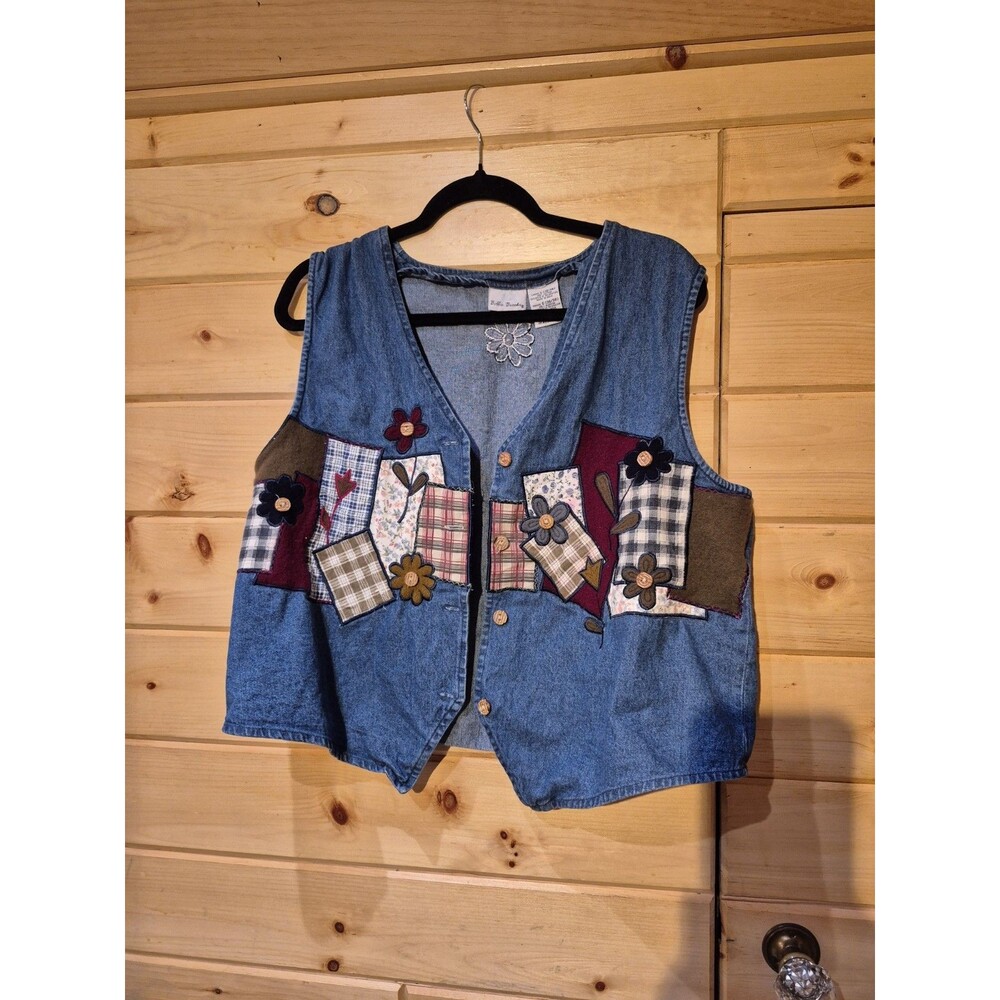 VTG Bobbie Brooks Blue Jean Denim Vest Women’s L 12/14 Floral Plaid Patchwork